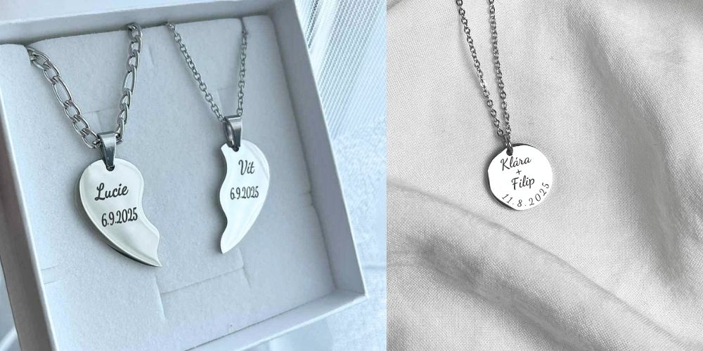 Svatební šperk s možností vlastního gravírování Originální dárek ke svatbě je šperky s gravírováním, památeční náhrdelník se jmény novomanželů a datem svatby